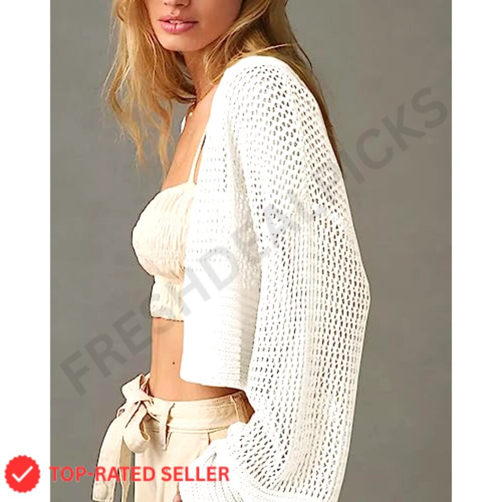 Cropped Cardigan Sweater Lightweight Open Front Knit Boho Chic Summer Outerwear - Picture 4 of 7